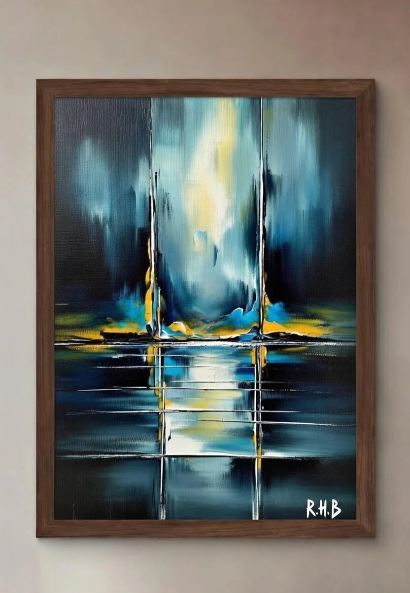 Translation missing: en.Abstract wall art with blue, yellow, and white brushstrokes in a wooden frame: Abstract