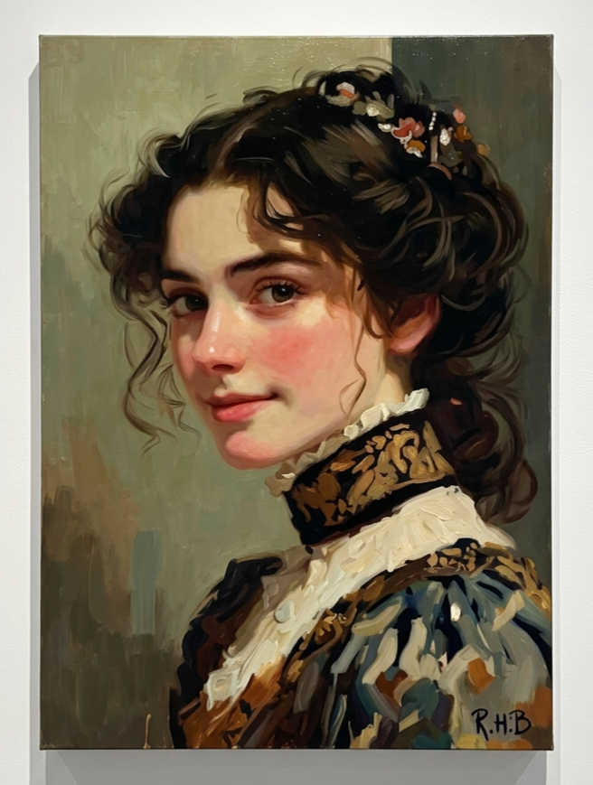 Translation missing: en.Victorian-style portrait of a woman with floral hair ornaments in ornate gold frame, wall art: Vintage