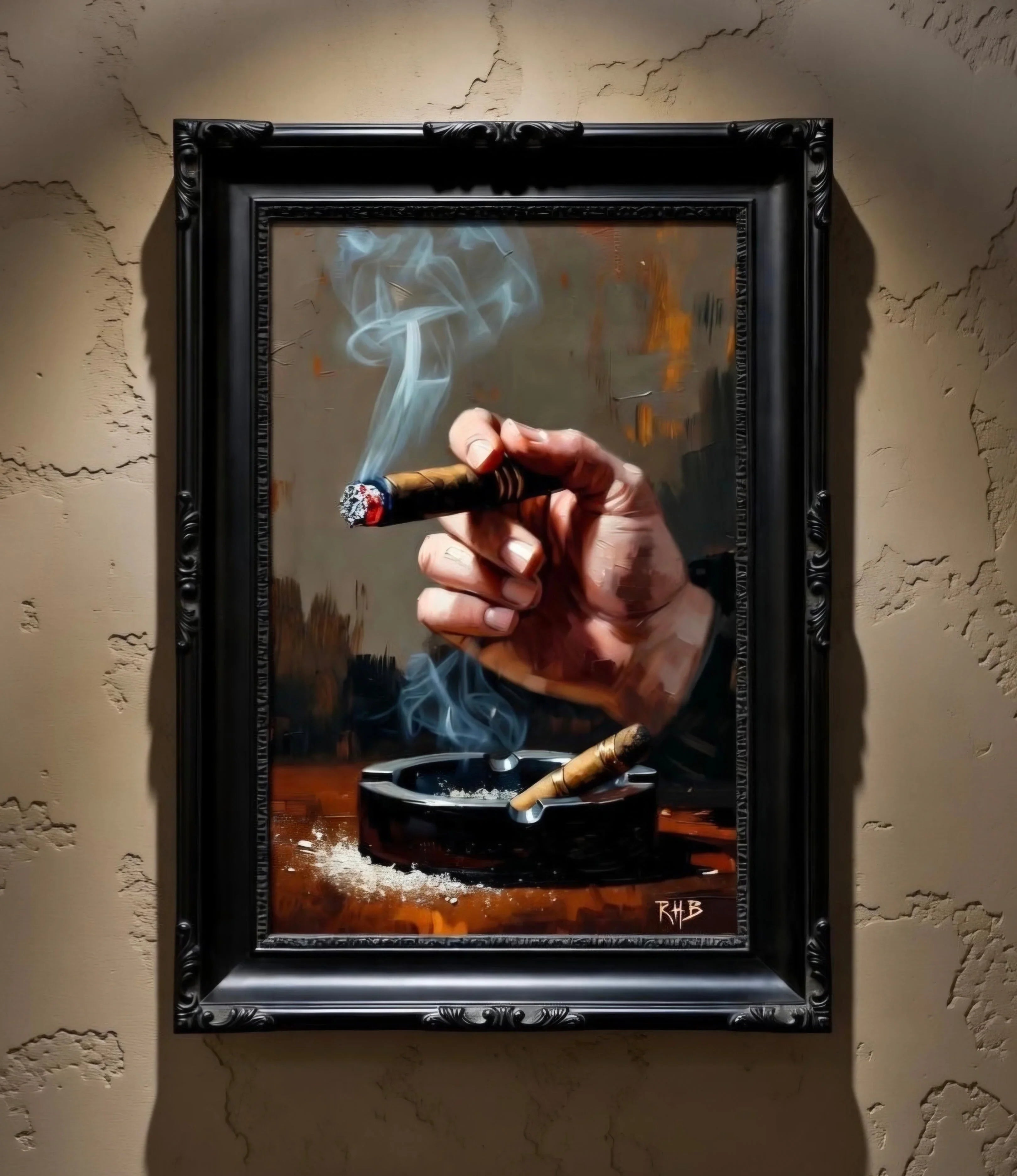 Translation missing: en.Framed wall art of a hand holding a lit cigar with smoke above an ashtray, luxury interior decor: Gentlemen