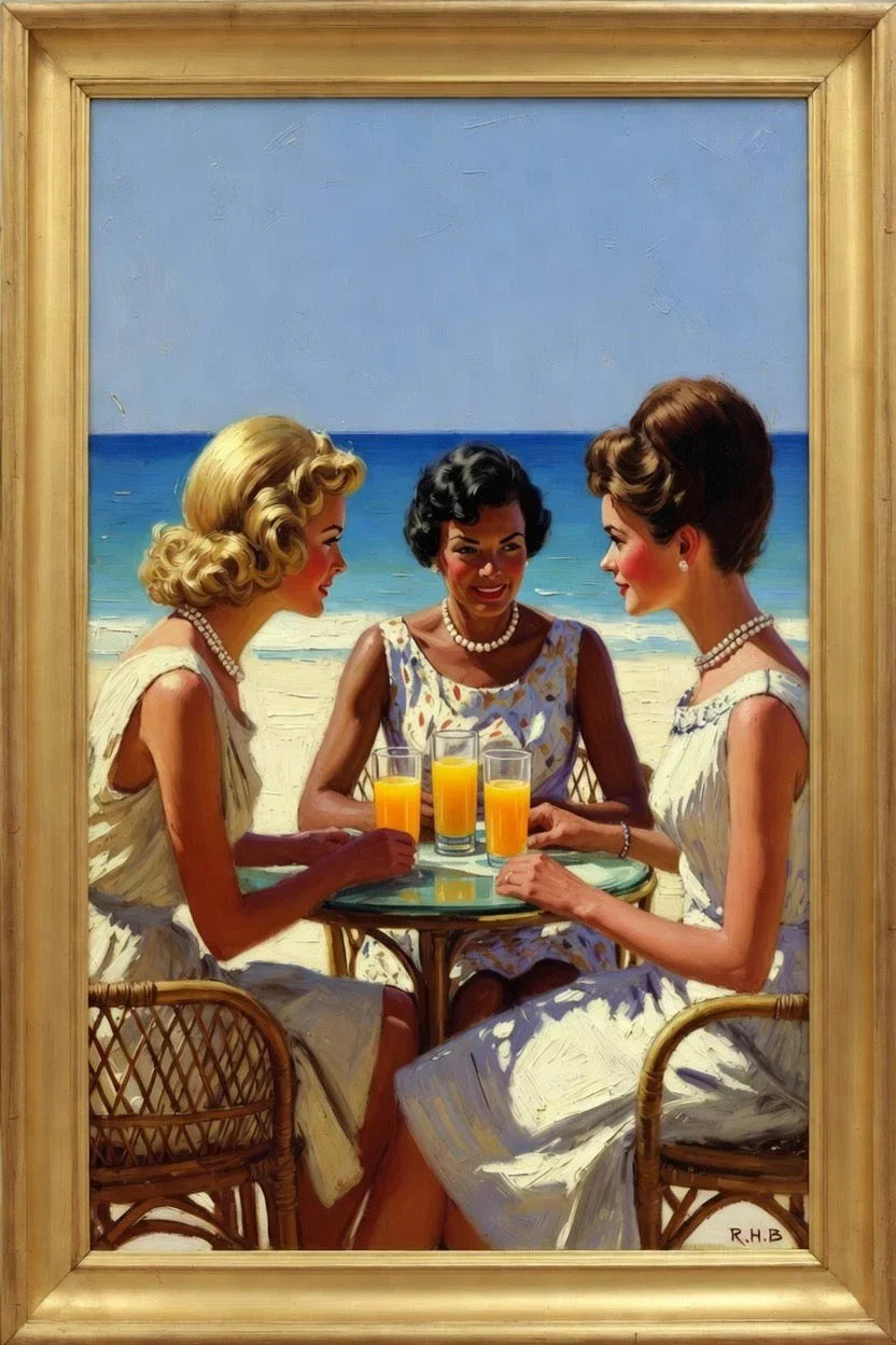 Translation missing: en.Vintage painting of three women in summer dresses enjoying orange drinks at a beachside table: Ladies