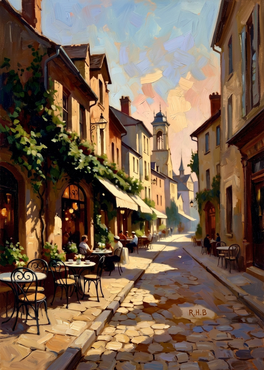 Translation missing: en.Framed vintage street scene painting with outdoor café, cobblestone path, and warm sunlight: Best Sellers