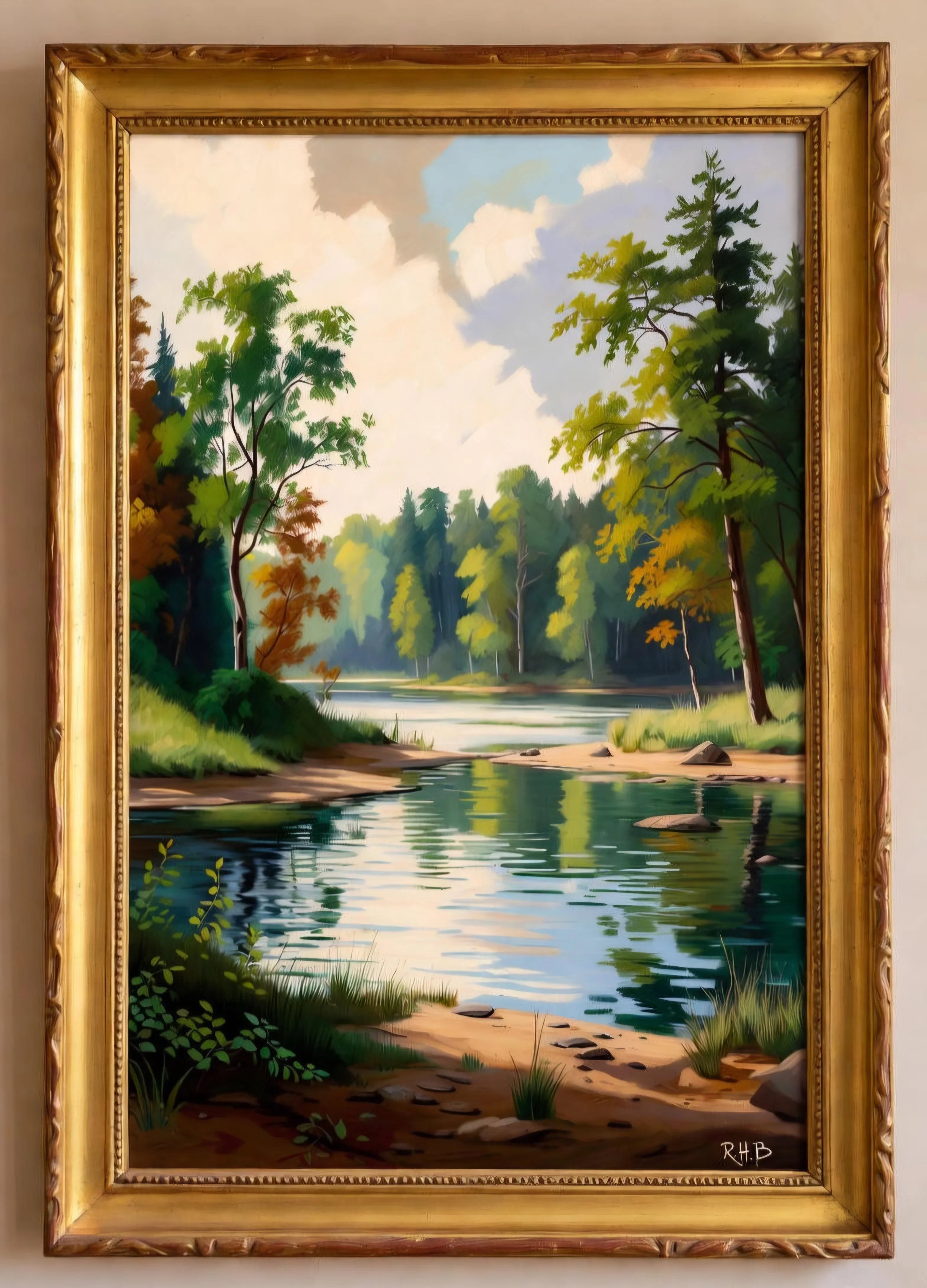 Translation missing: en.Framed wall art painting of a serene river landscape with green trees and reflections: Landscape