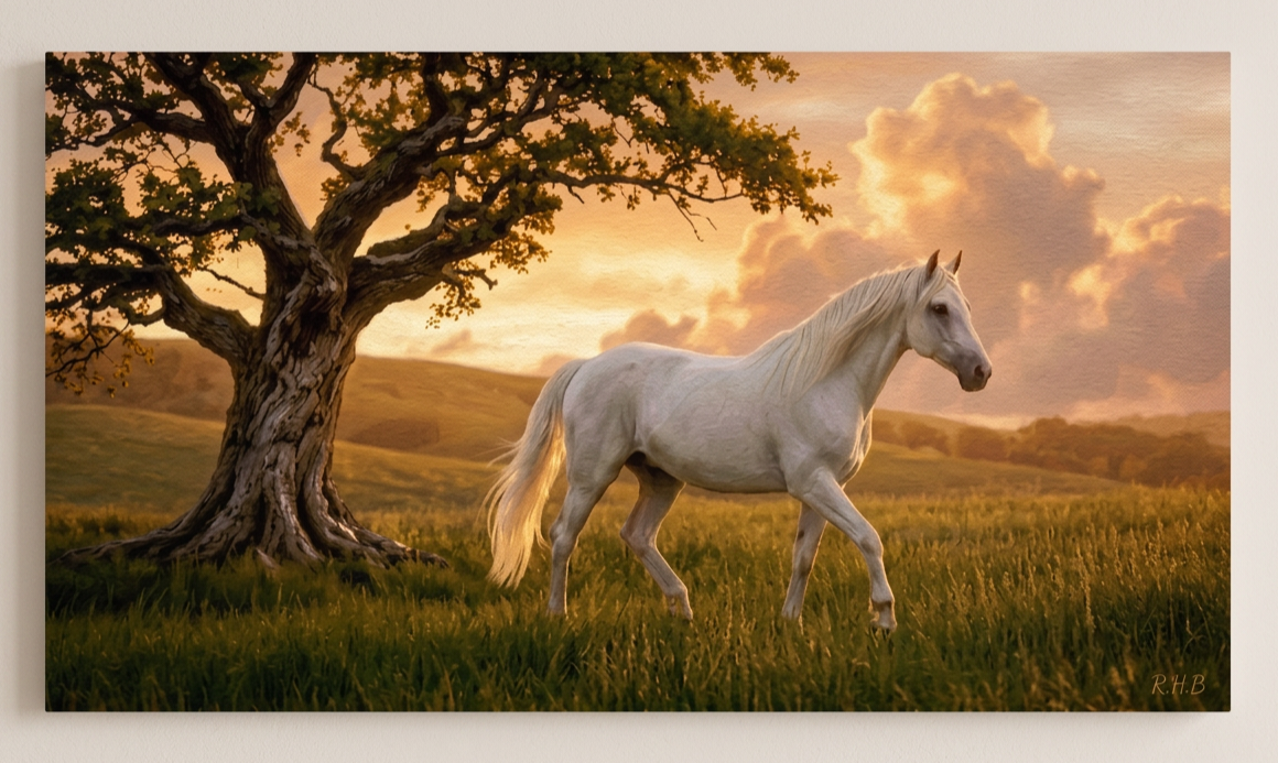 White horse walking in a field with a large tree and sunset sky