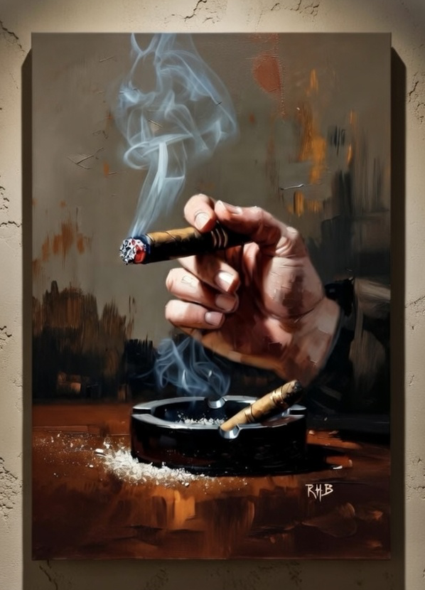 Translation missing: en.Framed wall art of a hand holding a lit cigar with smoke above an ashtray, luxury interior decor: Gentlemen